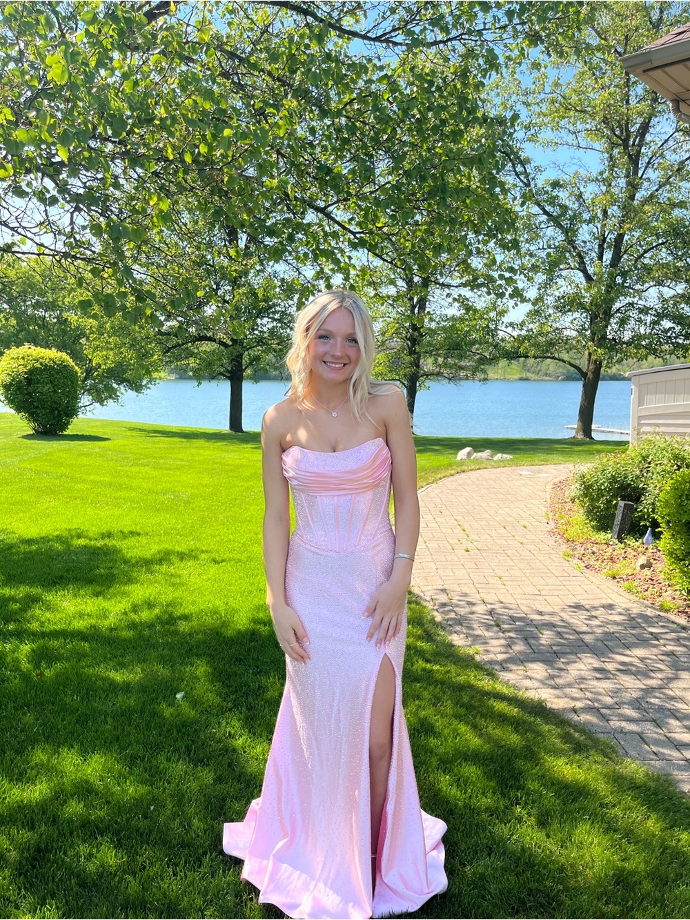 Sherri Hill Light Pink Sequin Corset Prom Gown with Slit